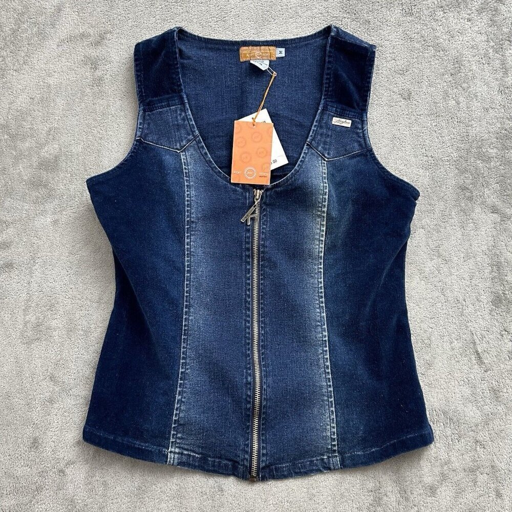 Vintage Karl Kani Vest Womens Medium Denim Jean Zip Up Tupac Y2K Streetwear